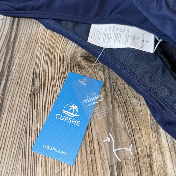 Cupshe Navy One-Shoulder Swimsuit NEW medium mesh detail tummy flattering - Picture 6 of 6